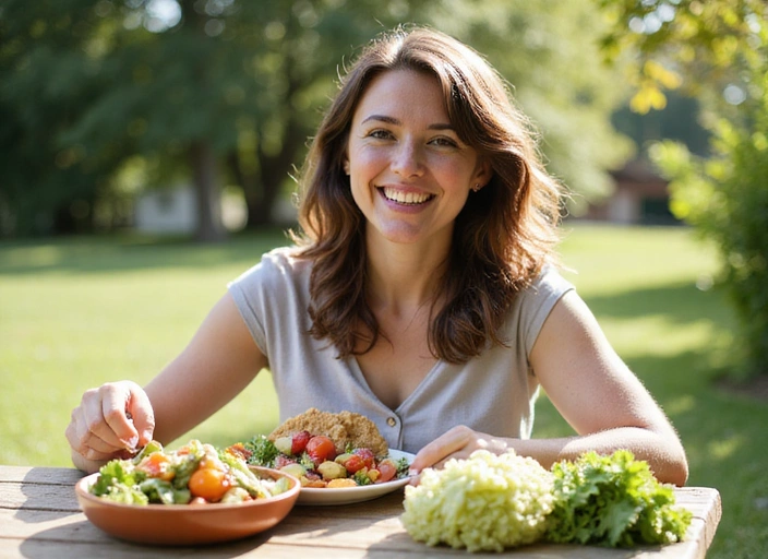 Lachende Frau genießt eine gesunde Mahlzeit im Freien