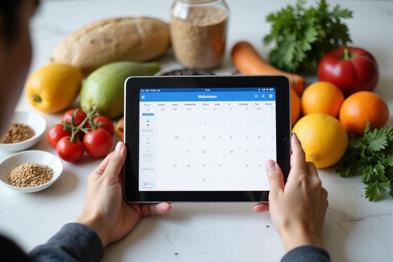 Eine Person bucht einen Termin auf einem Tablet mit gesunden Lebensmitteln im Hintergrund