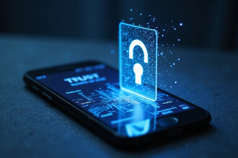 Ein Vorhängeschloss auf einem Smartphone-Bildschirm, das Datensicherheit und Datenschutz symbolisiert.